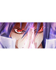 Anime desk pad 36x16 inches with red-eyed violet-haired fighter, neon streaks, smooth glide surface.