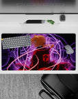 Anime desk pad 32x16 inches with crimson, violet glow, golden hair, and intense alchemy mood.