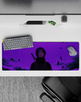 32x12 inches anime mouse pad in vivid purple gradient, dark cloak tones, sleek moody vibe.