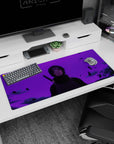 36x16 inches Naruto desk pad featuring Itachi Uchiha staring through violet mist as debris swirls around.