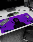 Itachi Uchiha staring through violet haze on anime desk pad 40x20 inches, debris swirling in shadows.