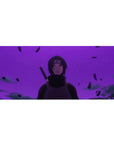 36x16 inches anime desk pad with Itachi-inspired purple haze, floating debris, and sleek dark cloak art.