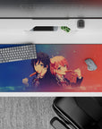 Cozy navy and coral gradient anime girl desk pad 36x16 inches with dreamy sparkle dots.