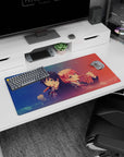 Anime girl mouse pad 32x16 inches showing two blushing schoolgirls sharing dango with twin buns and glossy eyes.