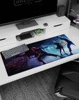 Artistic 36x16 inches desk pad with Yuji, Nobara, and Megumi facing a cursed spirit, adding intensity and drama to your workspace from Jujutsu Kaisen.
