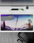 32x16 inches anime mouse pad in soft lavender-to-icy blue tones, calm storm mood with drifting ash flecks.