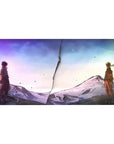 Naruto-inspired anime desk pad 40x20 inches with jagged crack face-off and snowy mountains backdrop.