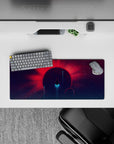 Calming sci-fi mouse pad 28x12 inches in deep purple, teal beams, and hot red sunrise glow.