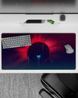 Calming sci-fi mouse pad 32x16 inches in deep purple, teal haze, and hot red sunrise rays.