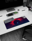 Giant red-rayed planet over a starry purple sky on a 28x12 inches mouse pad with teal light.