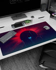 Giant planet sunrise scene desk pad 40x20 inches with red rays, tiny stars, and teal light streaks.