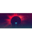 Neon space desk pad 36x16 inches with stars, glowing planet, teal beams, and smooth gradients.