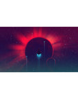 Neon space desk pad 40x20 inches with starry purple sky, glowing planet, and sleek sci-fi gradients.