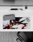 28x12 inches anime girl mouse pad in deep reds and inky blacks on a bright white, high-speed vibe.