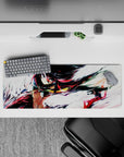 32x12 inches anime girl desk mat in deep reds and inky shadows with metallic accents, fast loud vibe.