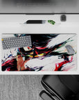 32x16 inches anime girl mouse pad in deep reds and inky shadows, metallic accents, fast loud vibe.