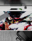 40x20 inches anime desk pad in deep reds and black, gritty street-battle vibe on bright white.