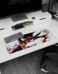 32x12 inches anime girl mouse pad showing a fierce warrior in a sideways lunge, motion lines and paint swipes.