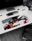 32x16 inches anime girl mouse pad showing a lunging runner pose, intense eyes, motion lines and paint swipes.