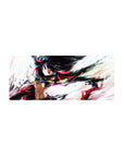 Anime girl mouse pad 28x12 inches with fierce heroine, motion lines, and paint-swipe street armor style.