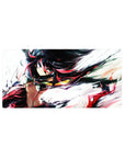 32x16 inches anime girl mouse pad with fierce heroine, red-streaked black hair, brushy white backdrop.