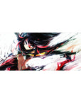 Anime girl desk pad 36x16 inches with fierce heroine, motion lines, and brushy white background.