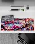 32x12 inches anime desk mat in lantern reds, sakura pinks, and river blues with dreamy festival vibe.