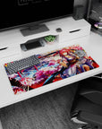 32x16 inches anime girl mouse pad showing a pink-haired kimono fighter smiling amid falling cherry blossoms.