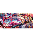 Anime girl desk pad 36x16 inches with pink-haired shrine warrior, scythe ribbon, sakura and lanterns.
