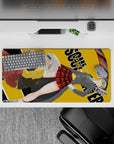 Dark-playful anime mouse pad 32x16 inches in mustard yellow with crisp grays, red plaid, and neon energy swirl.