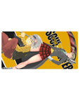 Soul Eater anime mouse pad 32x16 inches with Maka and Soul on bold mustard backdrop and chunky logo shapes.