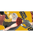 Soul Eater anime desk pad 40x20 inches with Maka and Soul on a bold mustard backdrop and chunky logo shapes.