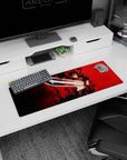 Small but impactful 32x12 mouse pad showcases anime-inspired resilience with striking crimson contrasts and fierce elegance