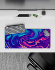 Colorful 28x12 inches mouse pad with abstract liquid design in neon shades, bringing dynamic energy to smaller desks.