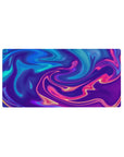 Neon Flow Dream mouse pad featuring abstract liquid swirls in neon pinks, purples, and blues, 32x16 inches, perfect for energizing any desk.