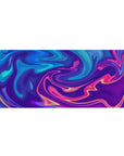 Neon Flow Dream desk pad with abstract liquid swirls in neon pinks, purples, and blues, 36x16 inches, perfect for creative workspaces.