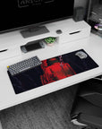 Artistic 32x12 inches mouse pad featuring Shingeki no Kyojin design, with crimson hues, chains, and war-torn elements for a powerful anime look.