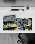 28x12 inches cozy mystery anime girl mouse pad in warm greens, silver hair, and glowing gold-red eyes.