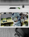 32x16 inches anime girl mouse pad in warm greens and soft silver, glowing gold-red eyes, calm cozy mood.
