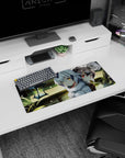 28x12 inches anime girl mouse pad showing two soft beast-ear girls by water, light specks, serene room.