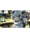 Anime girl desk pad 40x20 inches with two beast-ear girls, fluffy collars, cozy sunlit wooden room art.