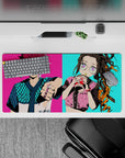 Anime mouse pad 32x16 inches featuring Tanjiro in turquoise checker fit and Nezuko with bubble tea, neon streetwear style.