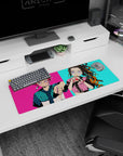 Anime mouse pad 32x12 inches featuring Tanjiro in turquoise checkers and Nezuko sipping bubble tea with neon urban flair.