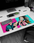 Anime desk pad 36x16 inches featuring Tanjiro in turquoise checkers and Nezuko with bubble tea on vibrant background.