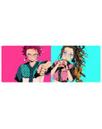 Anime mouse pad 32x12 inches featuring Tanjiro in turquoise checkers and Nezuko with bubble tea, vibrant streetwear style.