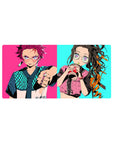 Anime mouse pad 32x16 inches featuring Tanjiro in turquoise checkers and Nezuko with bubble tea on vibrant backgrounds.