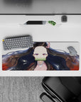 Anime mouse pad 32x12 inches featuring Nezuko with flowing black hair and subtle red highlights on a white background.