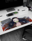 Nezuko anime mouse pad 36x16 inches; features Nezuko's serene gaze, flowing black hair, and shimmering gold flecks.