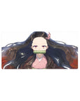 Nezuko anime mouse pad, 32x16 inches, features serene gaze, flowing black hair with red tips, gold flecks on white.