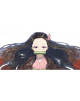 Nezuko anime desk pad 36x16 inches, featuring her serene gaze with flowing black hair and red hints on a white background.